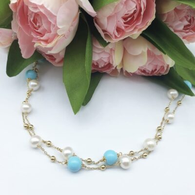 Collana Lunga In Argento Dorato con Neolite Turchese e Perle d’acqua Dolce