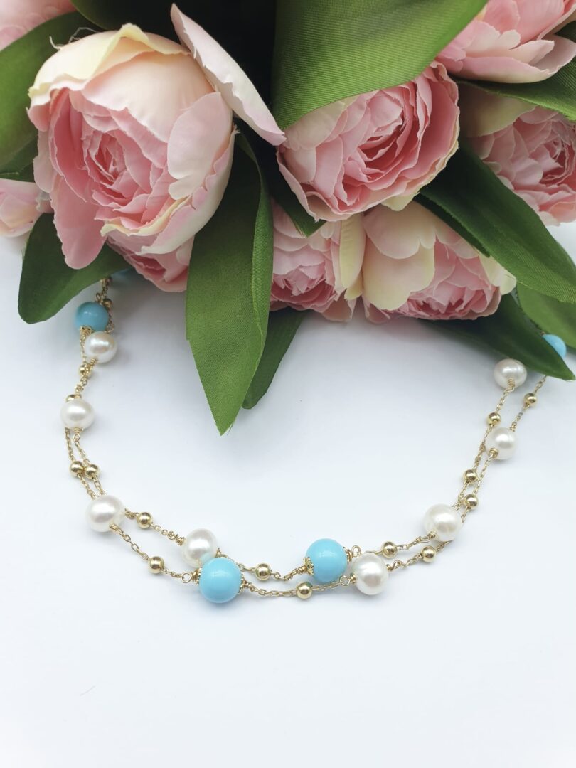 Collana Lunga In Argento Dorato con Neolite Turchese e Perle d’acqua Dolce