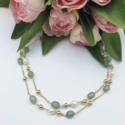 Collana Lunga In Argento Dorato con Avventurina Verde e Perle d’acqua Dolce