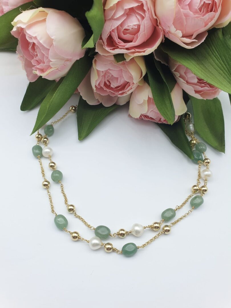Collana Lunga In Argento Dorato con Avventurina Verde e Perle d’acqua Dolce