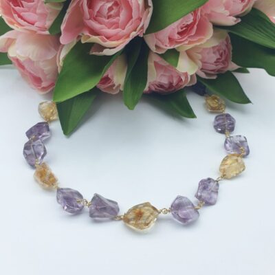 Collana Girocollo In Argento Dorato Con Ametista e Quarzo Citrino