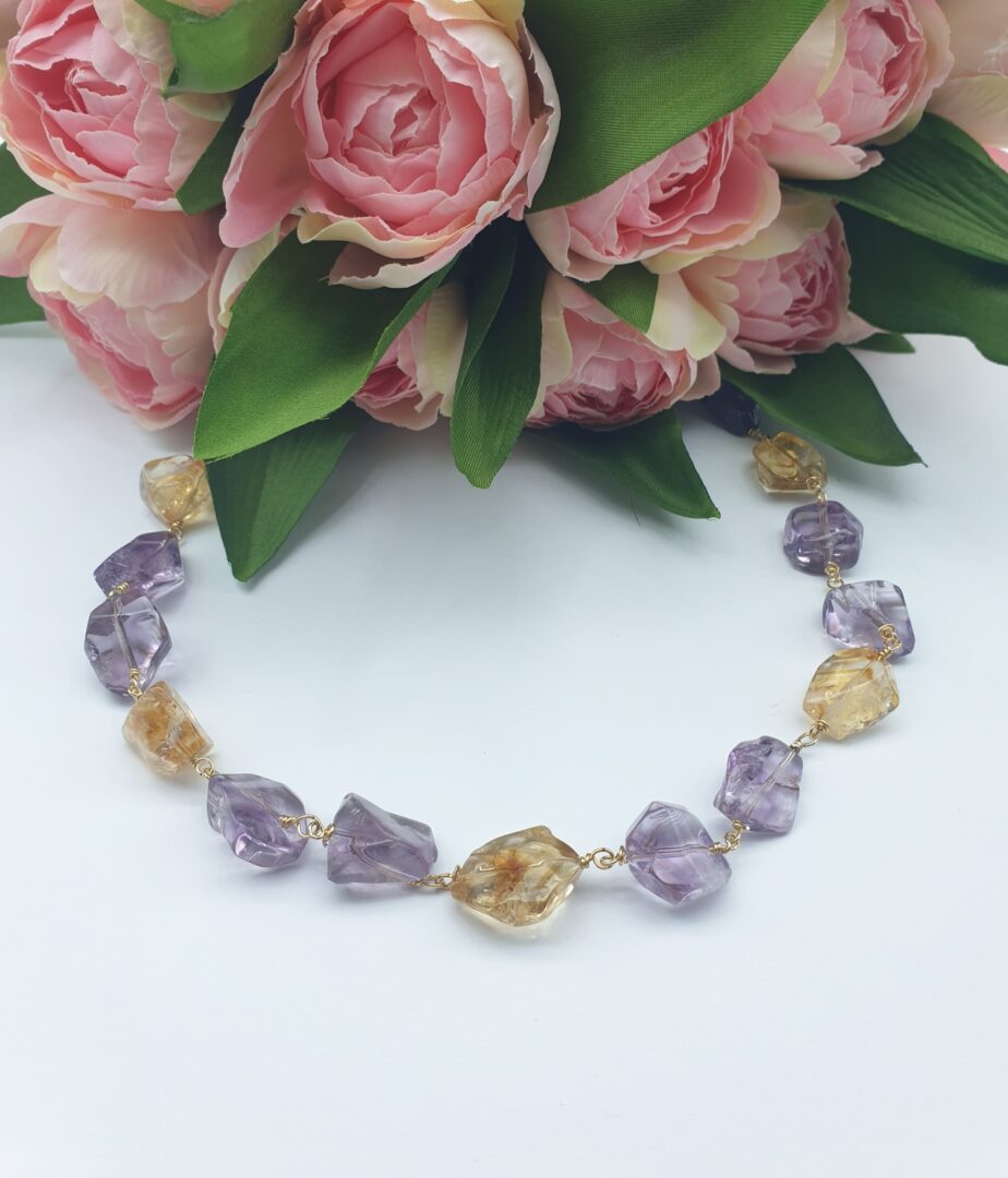 Collana Girocollo In Argento Dorato Con Ametista e Quarzo Citrino