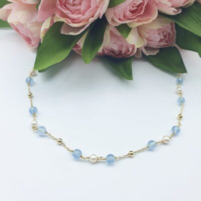Collana Girocollo In Argento Dorato Con Acquamarina e Perle