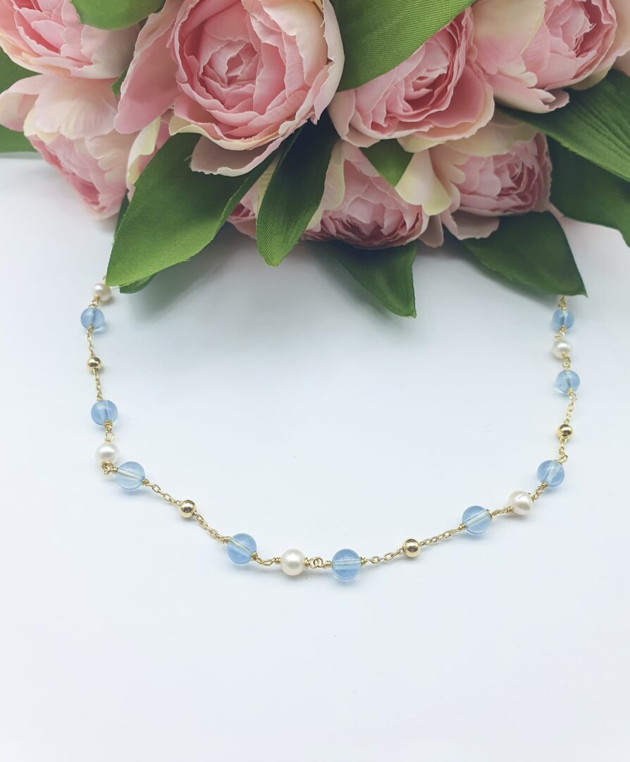 Collana Girocollo In Argento Dorato Con Acquamarina e Perle