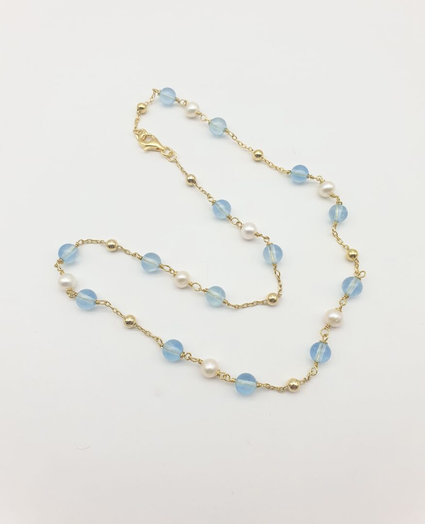 Collana Girocollo In Argento Dorato Con Acquamarina e Perle - immagine 3