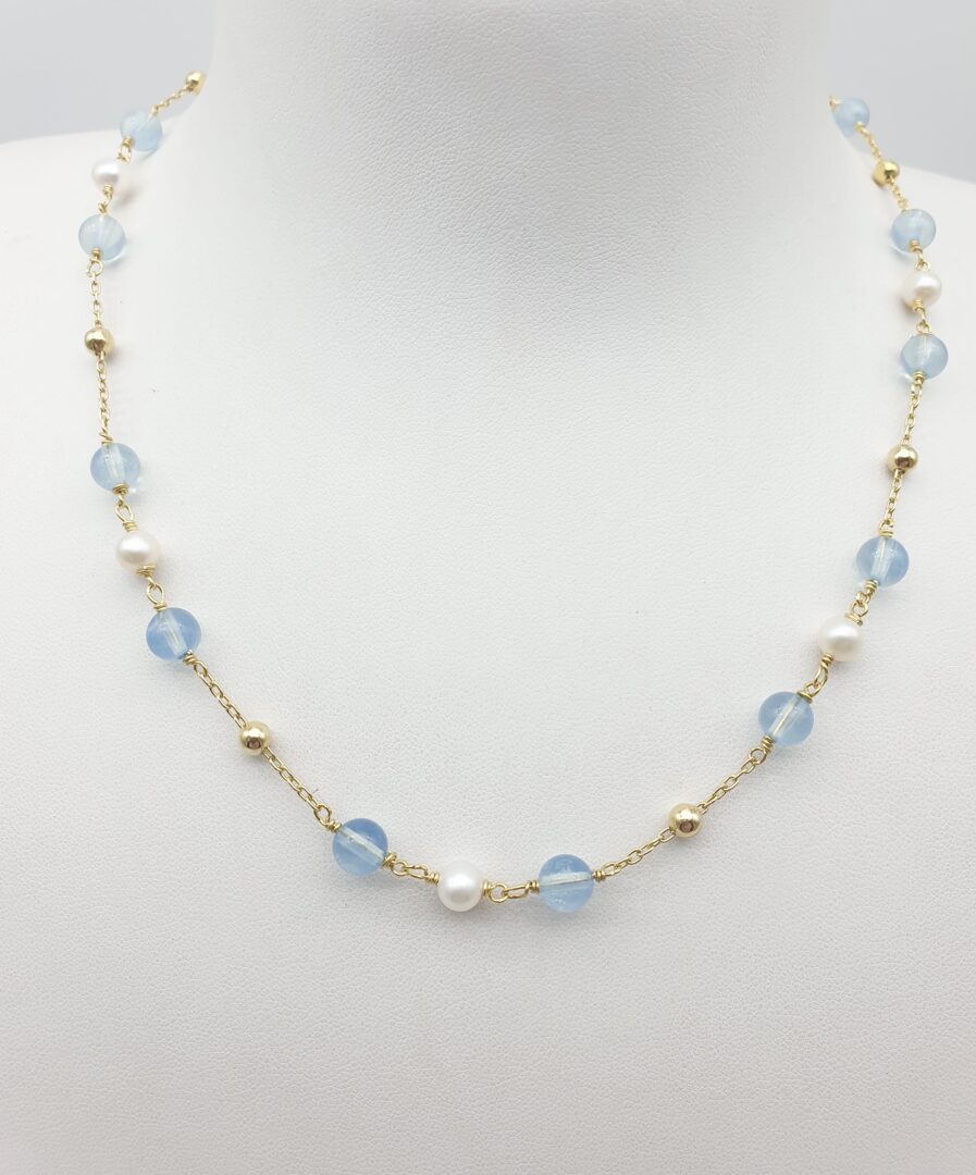 Collana Girocollo In Argento Dorato Con Acquamarina e Perle - immagine 4