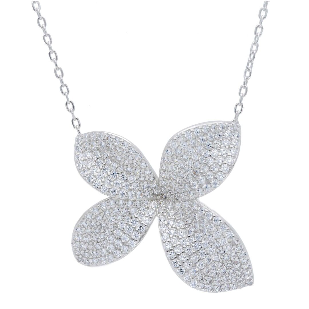 Girocollo Donna In Argento Rodiato 925 con Fiore di Zirconi Bianchi