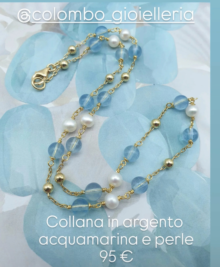 Collana Girocollo In Argento Dorato Con Acquamarina e Perle - immagine 2