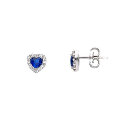 Orecchini Donna Oro Bianco 750  Cuore con Zirconi Bianchi e Blu