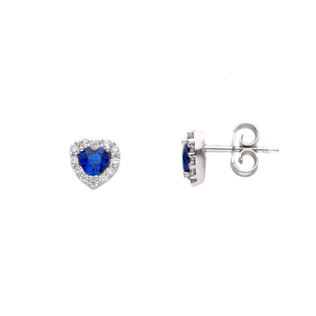 Orecchini Donna Oro Bianco 750 Cuore con Zirconi Bianchi e Blu