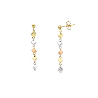 Orecchini Pendenti Donna Oro Giallo/Bianco/Rosa con Quadratini