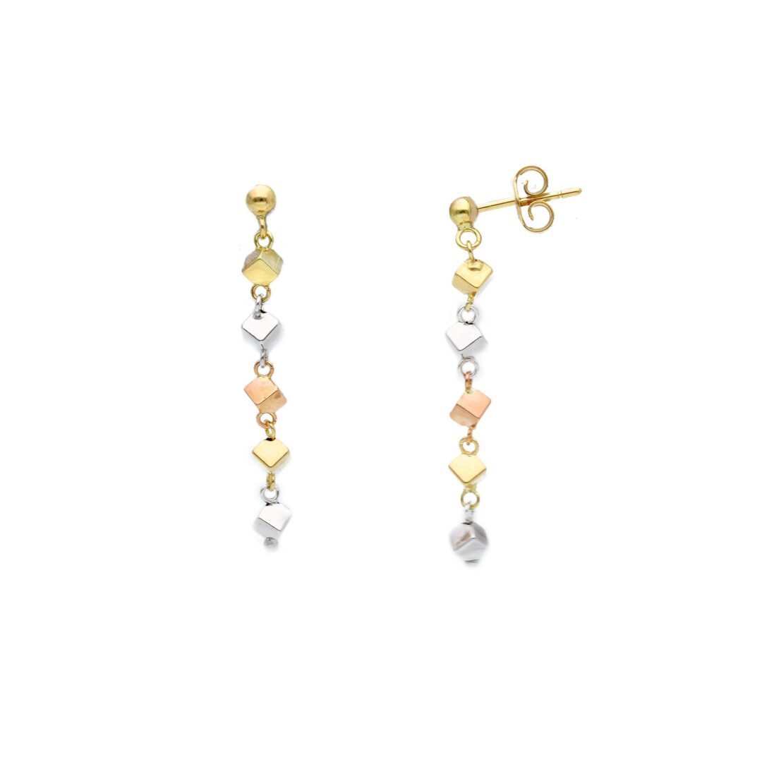 Orecchini Pendenti Donna Oro Giallo/Bianco/Rosa con Quadratini