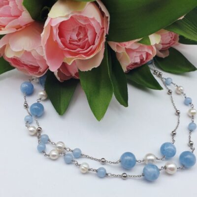 Collana Lunga In Argento Rodiato Con Acquamarina e Perle d’Acqua Dolce