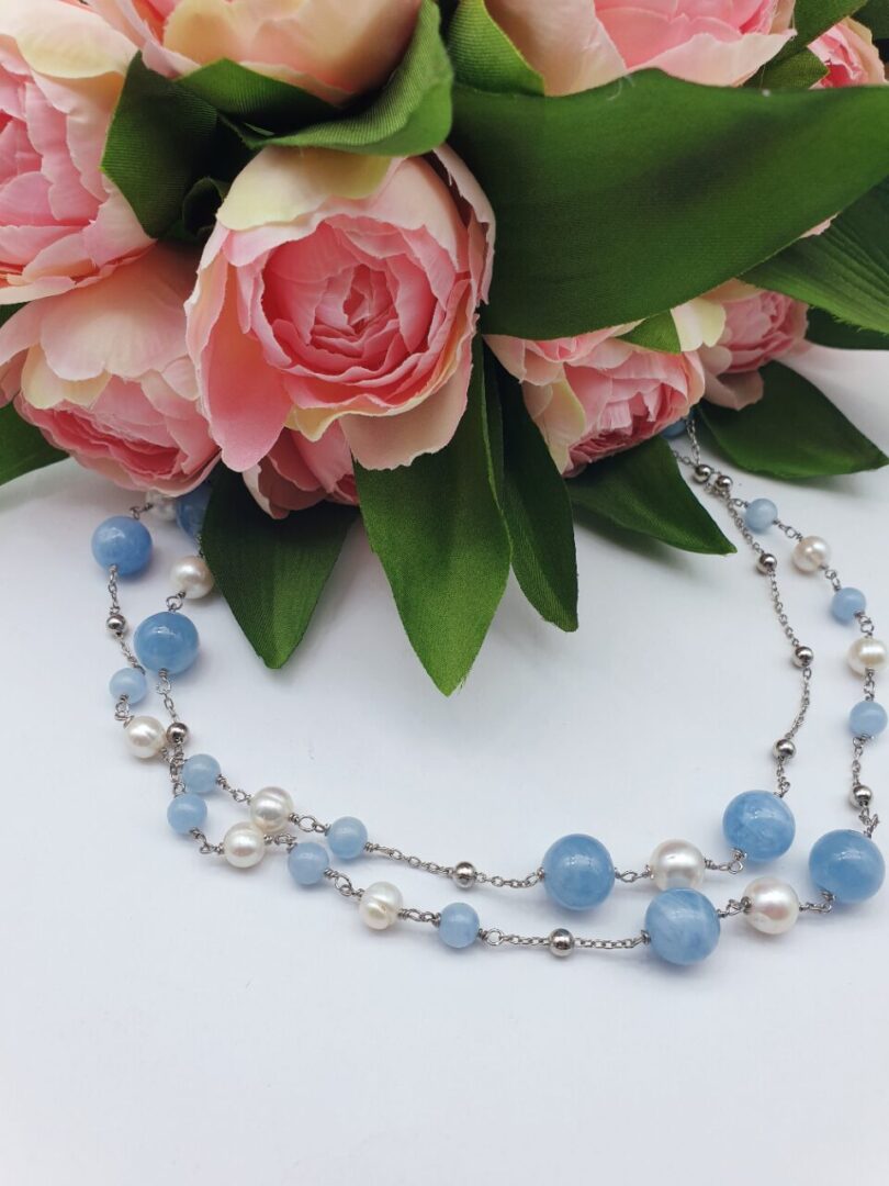 Collana Lunga In Argento Rodiato Con Acquamarina e Perle d’Acqua Dolce