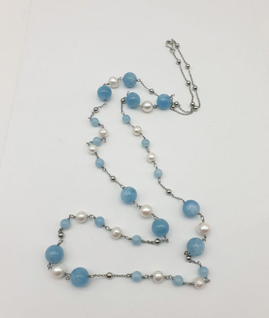 Collana Lunga In Argento Rodiato Con Acquamarina e Perle d’Acqua Dolce - immagine 3