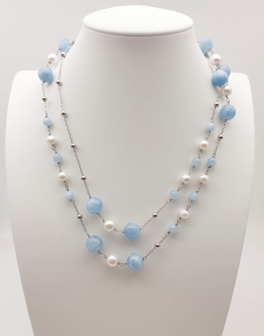 Collana Lunga In Argento Rodiato Con Acquamarina e Perle d’Acqua Dolce - immagine 2