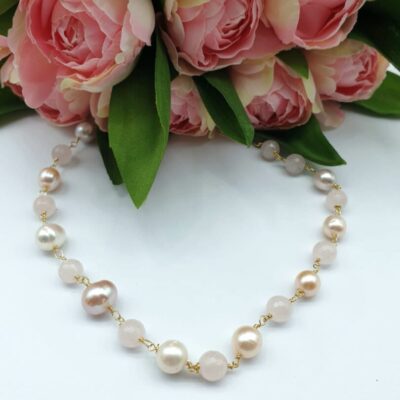 Collana Girocollo In Argento Dorato Con Quarzo Rosa e Perle