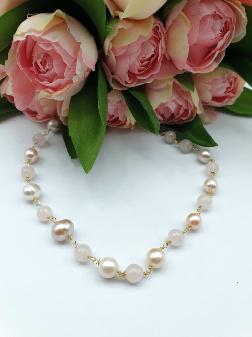 Collana Girocollo In Argento Dorato Con Quarzo Rosa e Perle