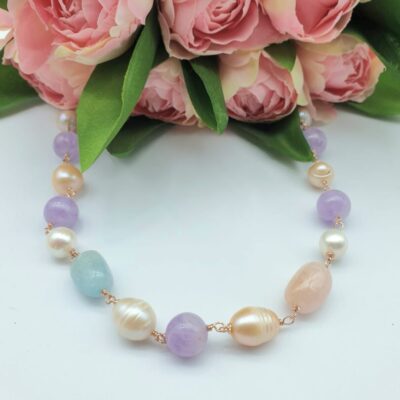Collana Girocollo In Argento Rosa Con Quarzo Rosa, Acquamarina, Ametista e Perle