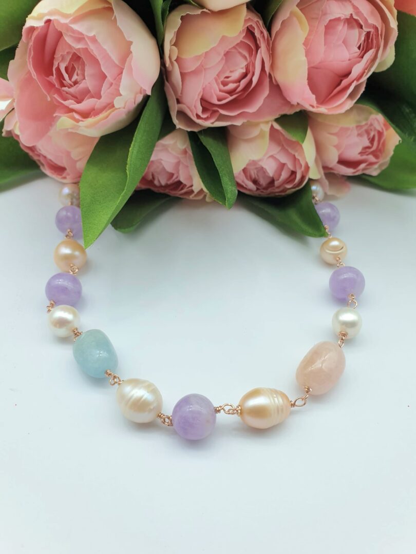 Collana Girocollo In Argento Rosa Con Quarzo Rosa, Acquamarina, Ametista e Perle