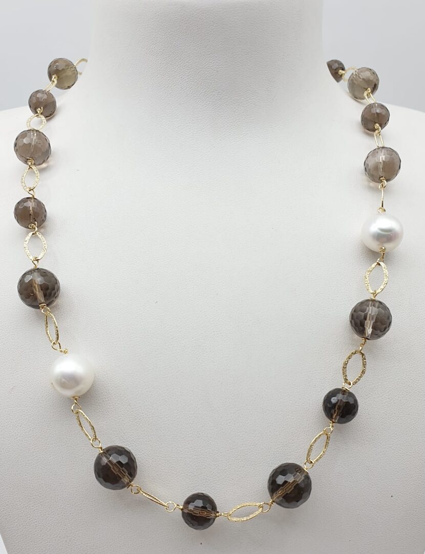 Collana In Argento Dorato Con Quarzo Fume’ e Perle - immagine 2