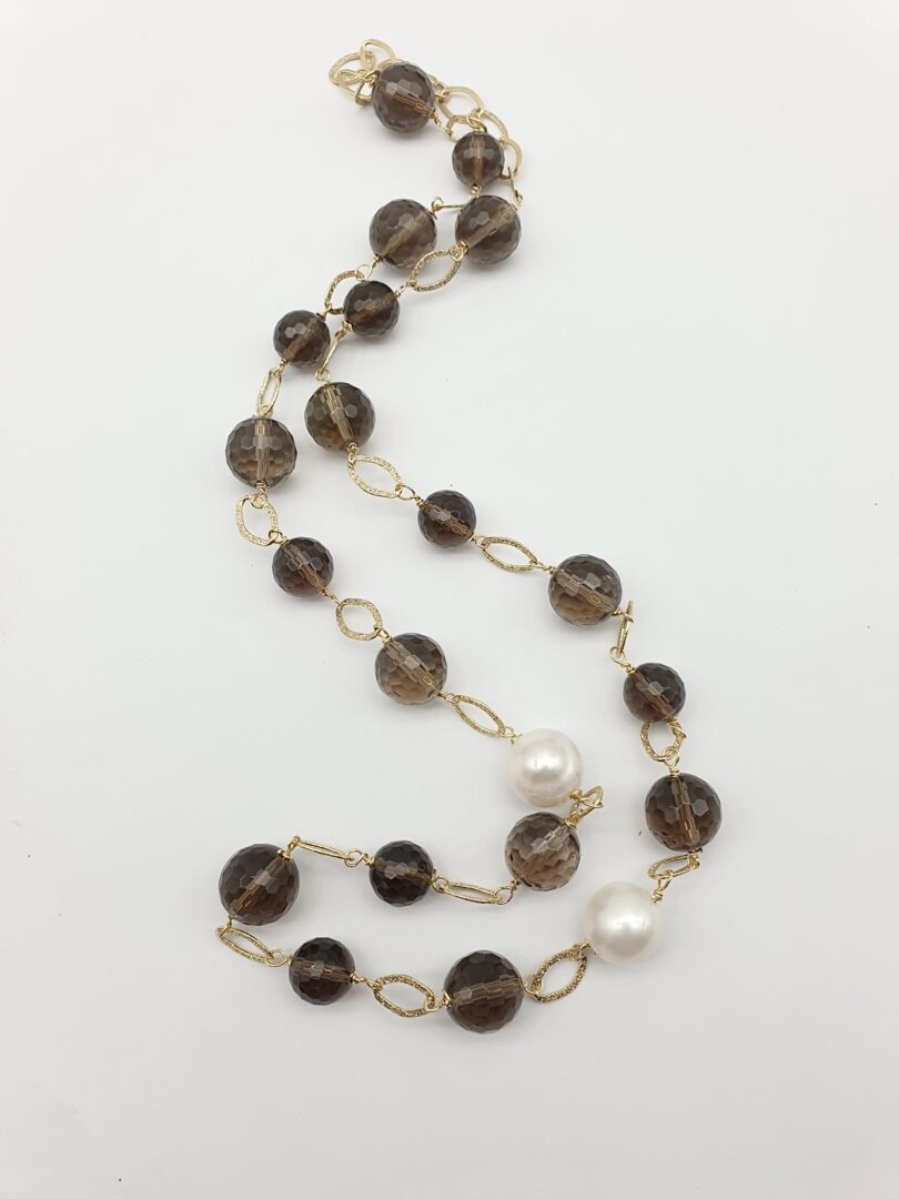 Collana In Argento Dorato Con Quarzo Fume’ e Perle - immagine 3