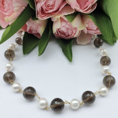 Collana Girocollo In Argento Dorato Con Quarzo Fume’ e Perle