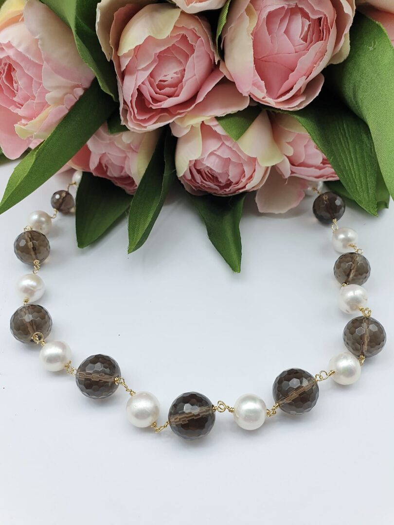 Collana Girocollo In Argento Dorato Con Quarzo Fume’ e Perle