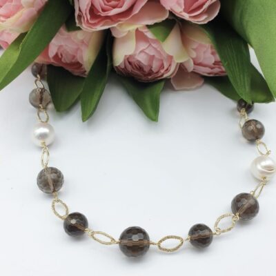 Collana In Argento Dorato Con Quarzo Fume’ e Perle
