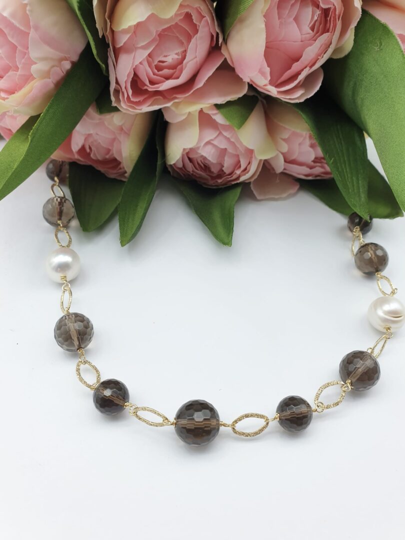 Collana In Argento Dorato Con Quarzo Fume’ e Perle