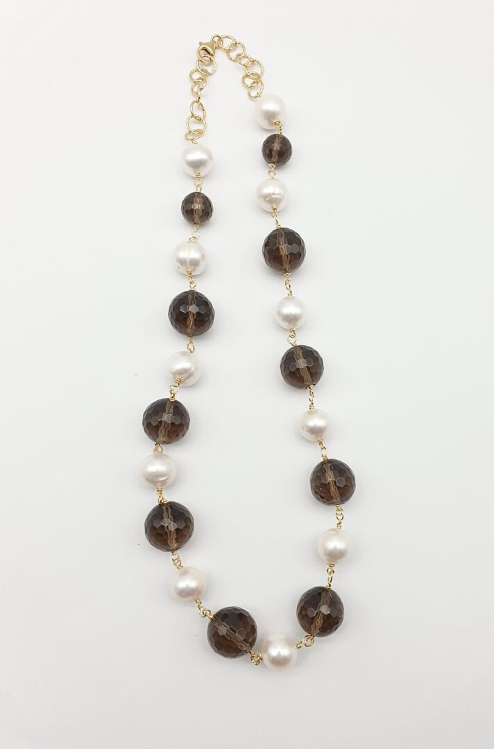 Collana Girocollo In Argento Dorato Con Quarzo Fume’ e Perle - immagine 3