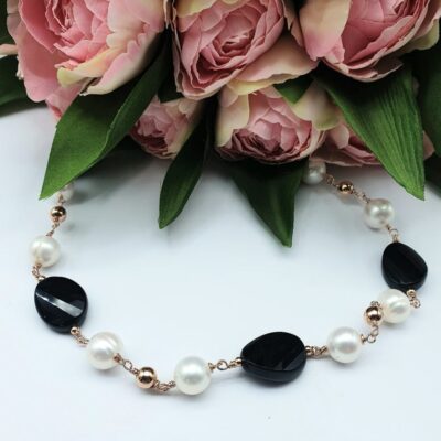 Collana Girocollo In Argento Rosa con Perle e Onice Nero