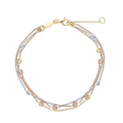 Bracciale  Donna In Oro Giallo,Rosa e Bianco 750 Tre Catene con Zirconi