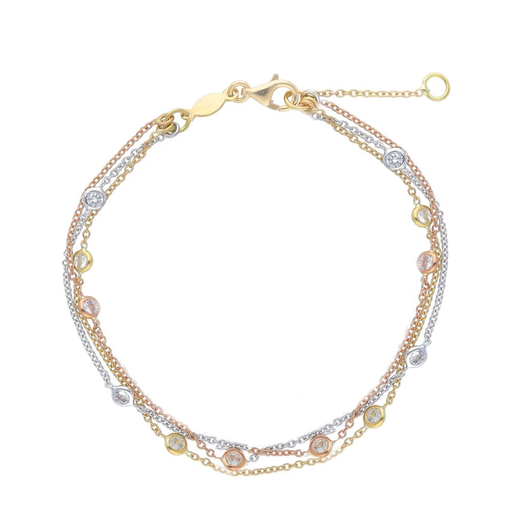 Bracciale Donna In Oro Giallo,Rosa e Bianco 750 Tre Catene con Zirconi