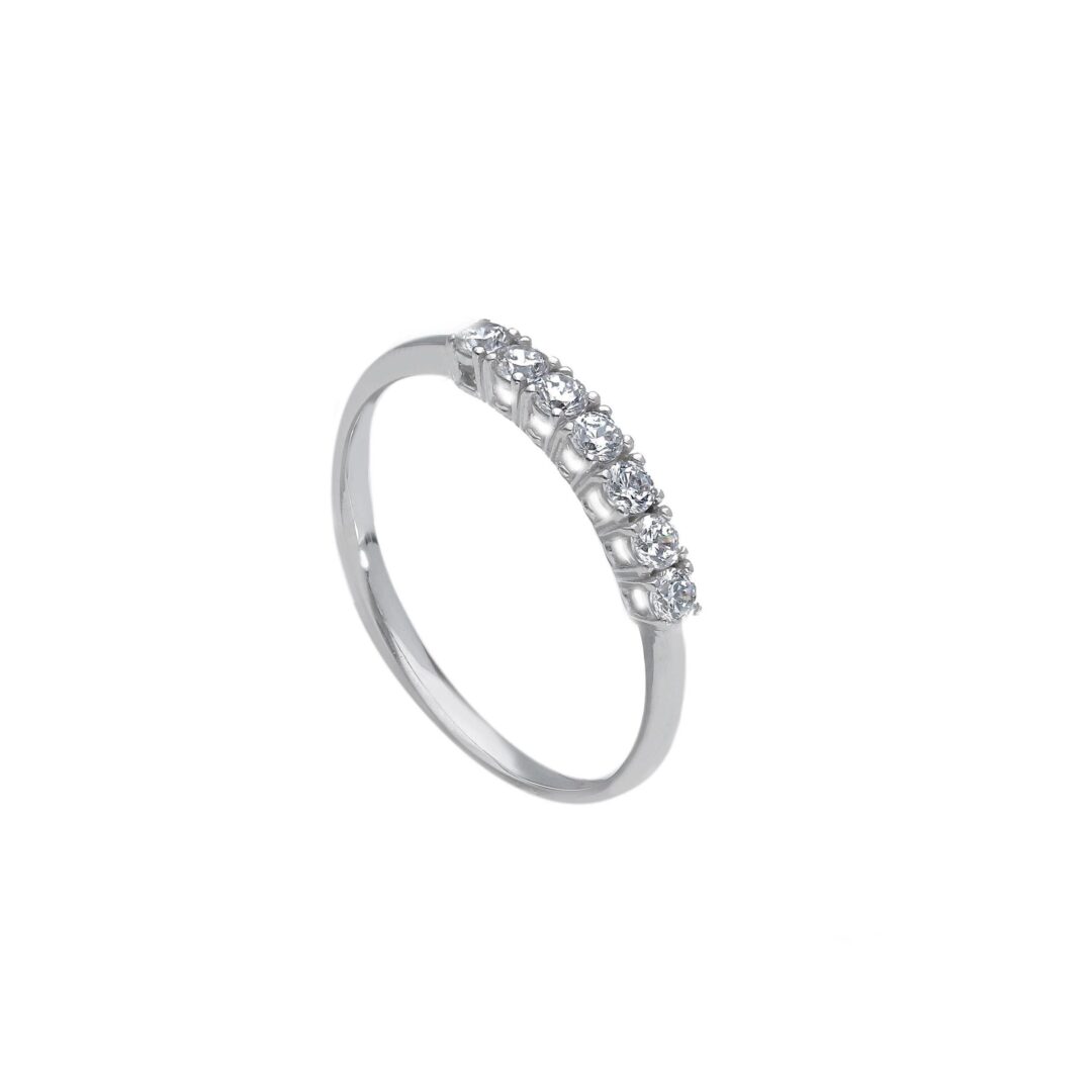 Anello Donna Fedina Sottile In Oro Bianco 750 con 7 Zirconi Bianch