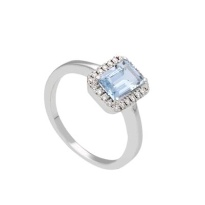 Anello In Oro Bianco 750 Con Acquamarina e Contorno di Diamanti